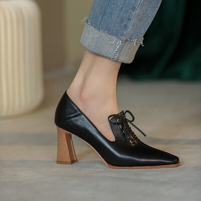 外贸大码单鞋女复古英伦风玛丽珍鞋网红尖头粗跟高跟法式单鞋5293