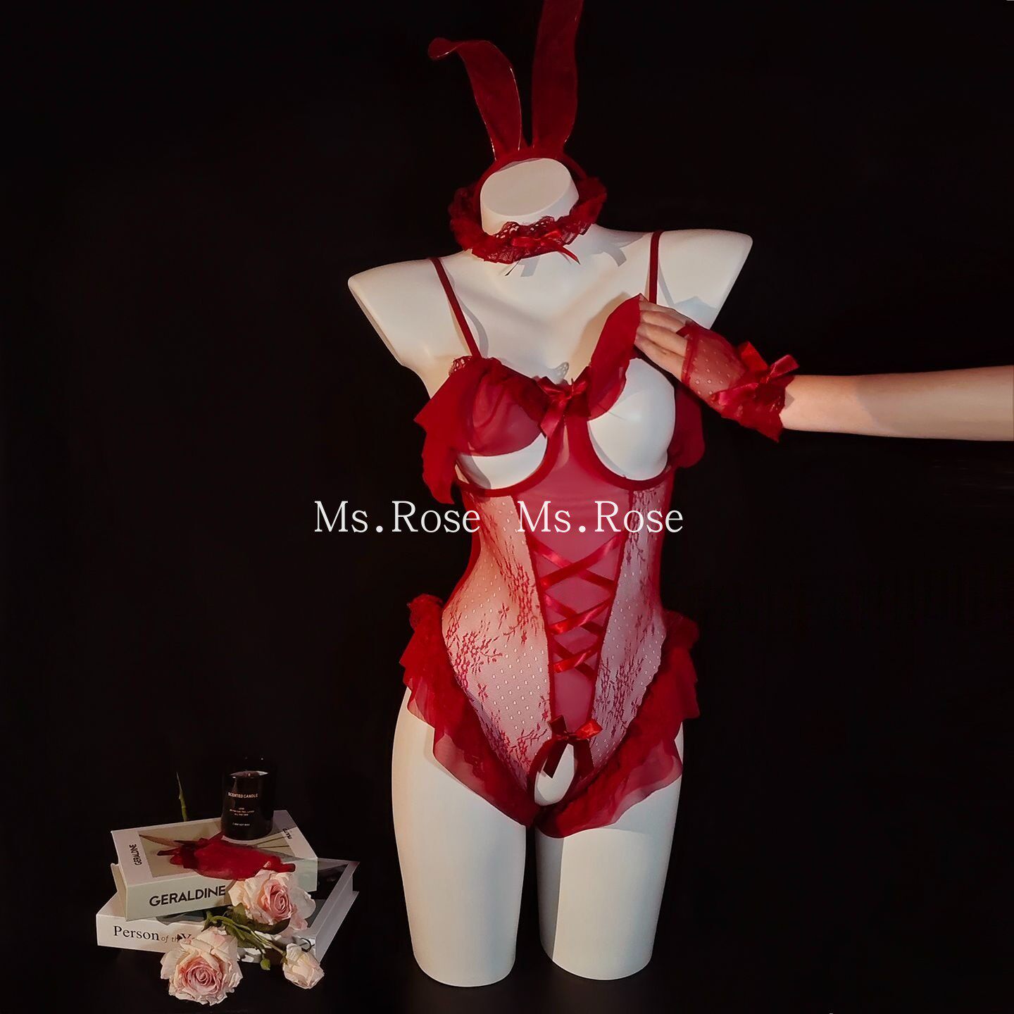 Ms Rose性感兔女郎蕾丝镂空连体睡裙qq内衣情露胸趣制服情调套装