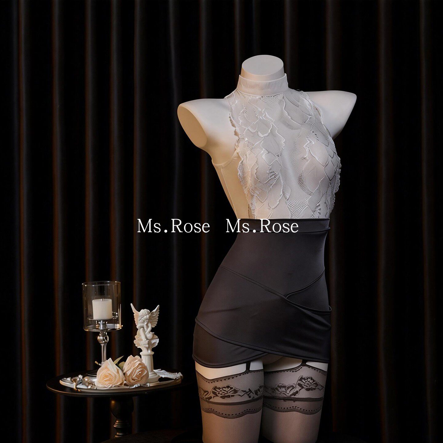 Ms Rose纯欲蕾丝挂脖秘书制服情调套装趣味内衣女性感紧身包臀裙