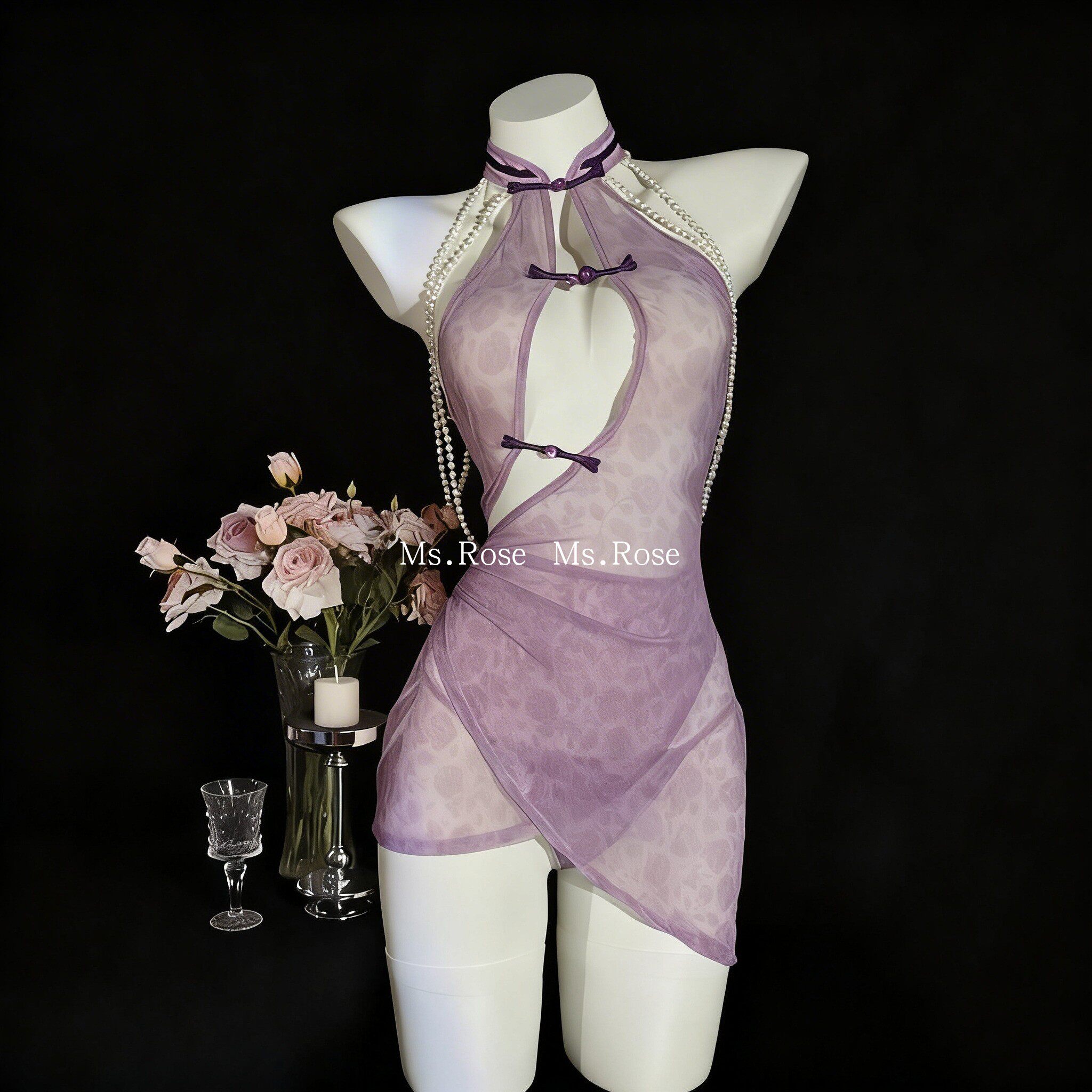 Ms Rose镂空纯欲风旗袍制服紫色qq衣物情调套装女款挂脖透视睡裙