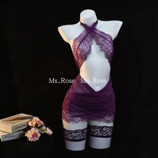 Rose性感蕾丝紫色透视抹胸包臀裙秘书制服连体内衣女诱惑qqny