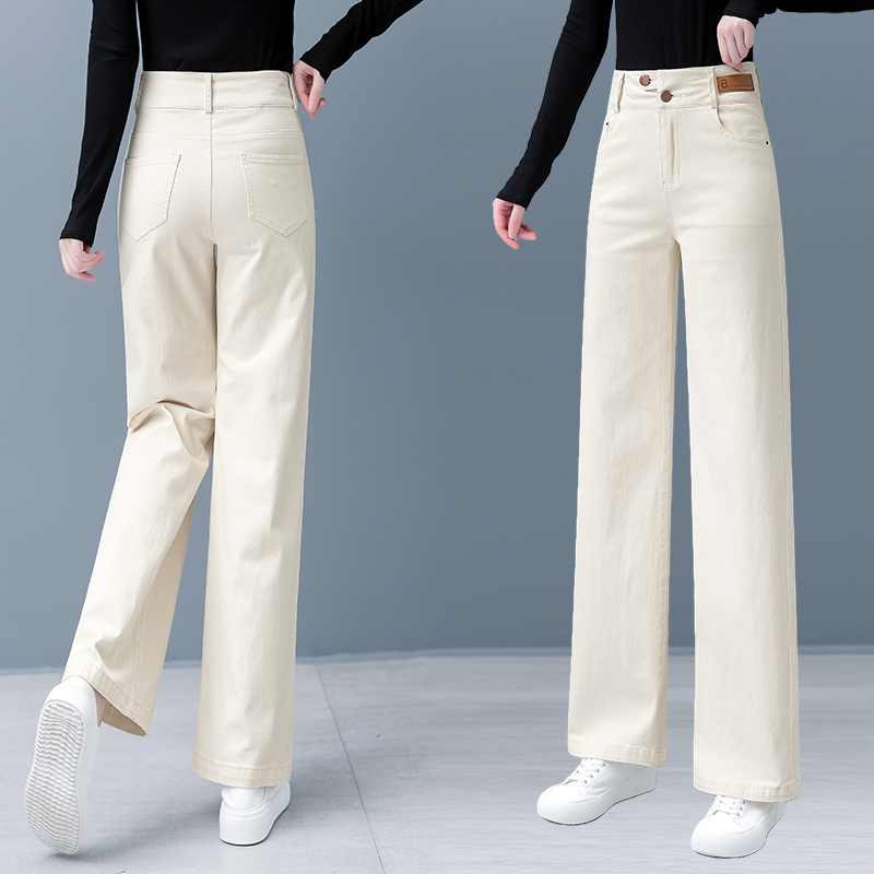 米白色牛仔阔腿裤女高腰垂感秋季2025年新款宽松休闲窄版直筒裤子