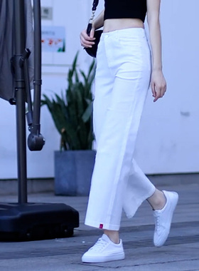 白色九分直筒水洗棉牛仔裤女宽松秋冬2025年新款高腰小个子阔腿裤