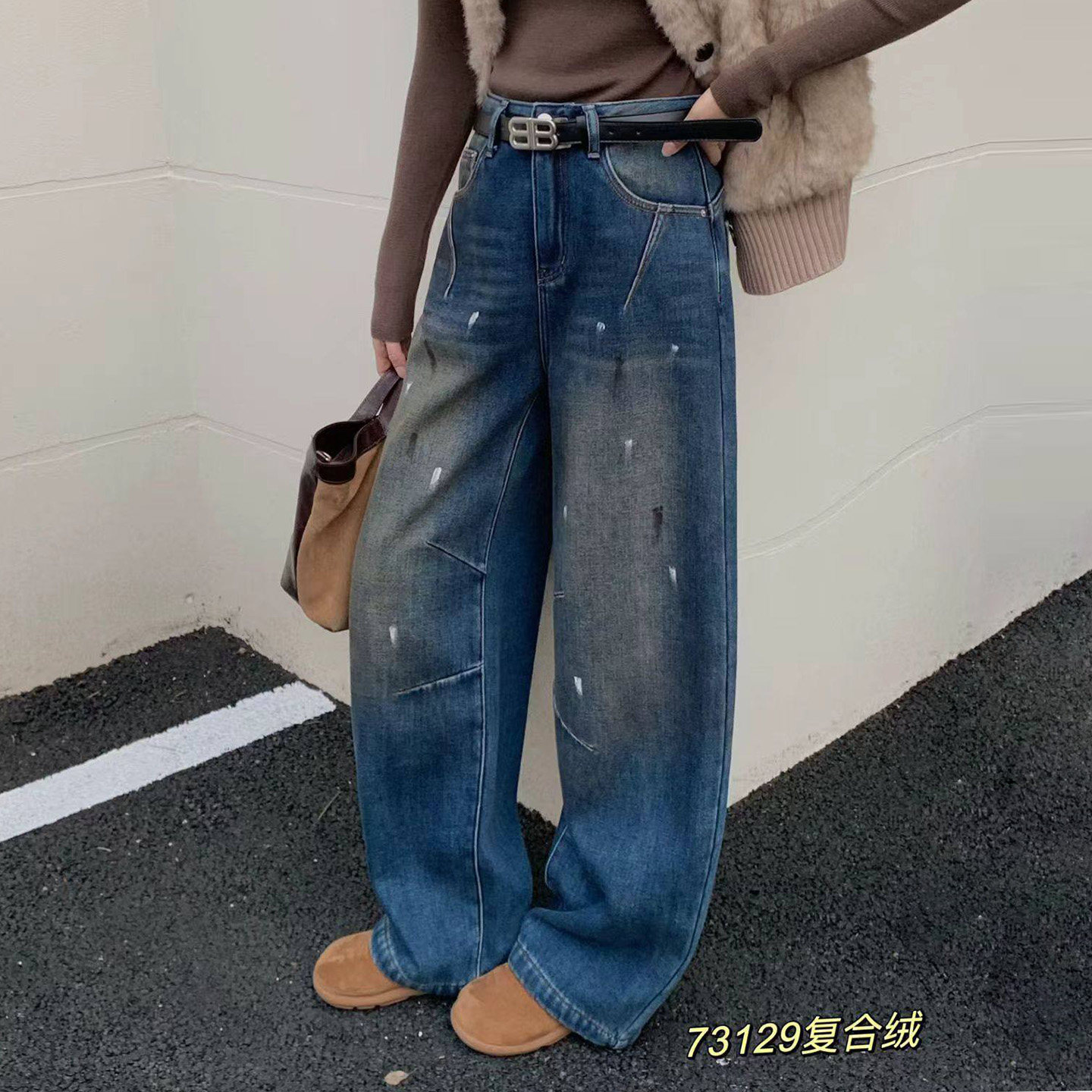 印染高腰牛仔裤女秋冬设计感阔腿弯刀裤加绒加厚宽松显瘦镰刀裤子,女装/女士精品,牛仔裤,淘宝优惠券,粉丝福利购,淘宝优惠卷