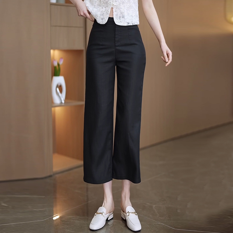 女士高腰小个子天丝亚麻直筒裤女