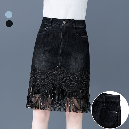 牛仔半身裙蕾丝网纱拼接时尚