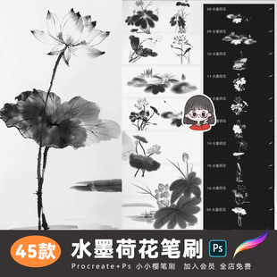 ps笔刷水墨荷花procreate笔刷水彩水墨莲花花卉国画植物绘画素材
