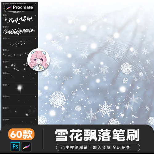 唯美雪花procreate笔刷冬天雪特效飘雪下雪冰晶景冰霜ps笔刷素材