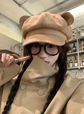 小熊耳朵贝雷帽女秋冬季甜美可爱显脸小八角帽大头围报童画家帽子