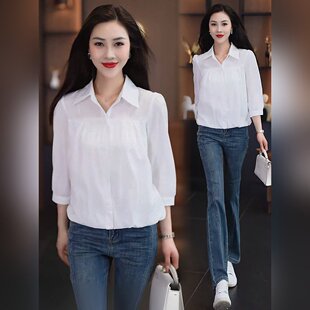拉夏贝尔通勤风白色衬衫女夏季2026新款西装领常规版型七分袖上衣