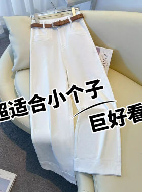 拉夏贝尔高端白色牛仔宽裤女春秋2026款爆款垂感显瘦小个子直筒裤