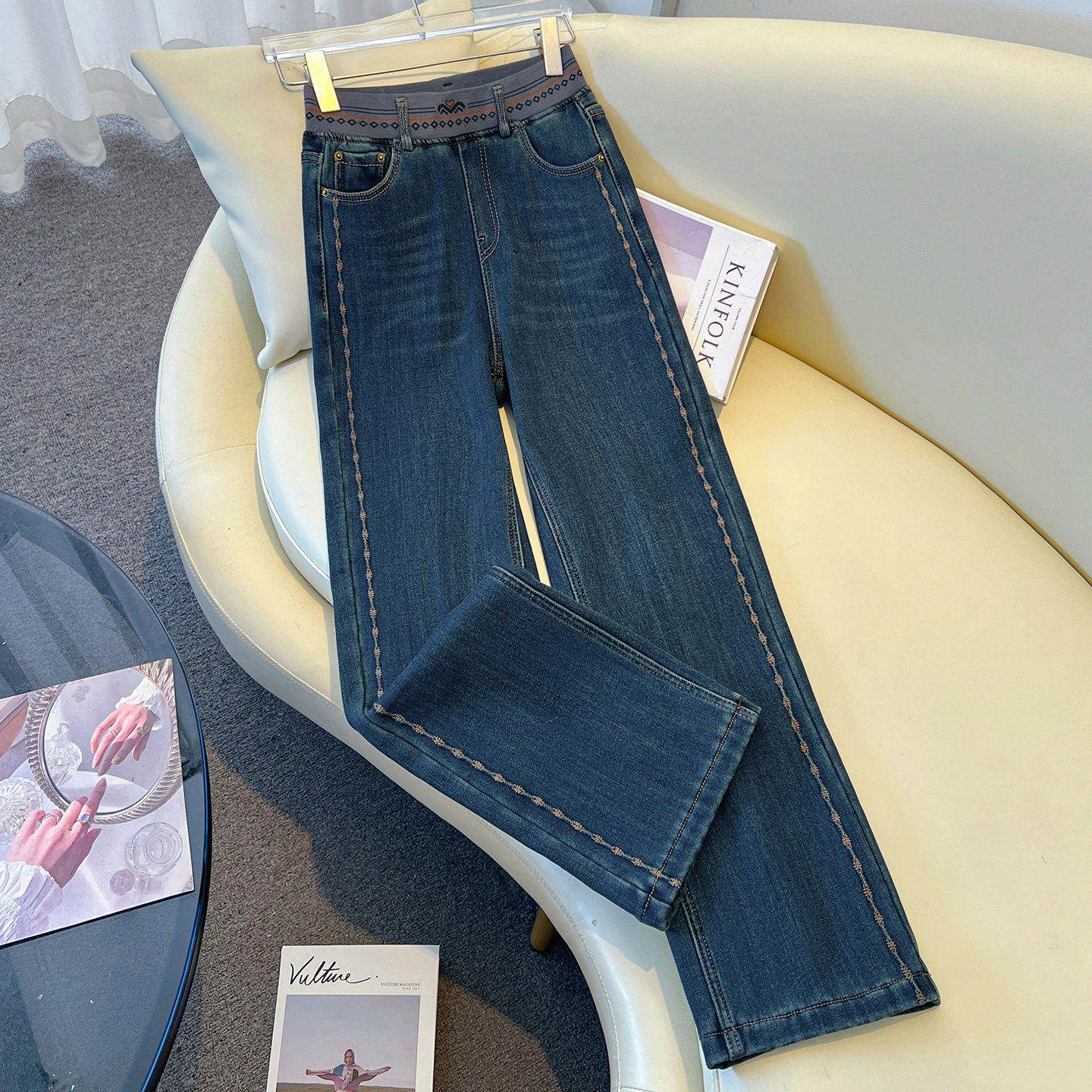 拉夏贝尔复古阔腿牛仔裤女2026春季新款刺绣宽松显瘦九分直筒裤子,女装/女士精品,牛仔裤,淘宝优惠券,粉丝福利购,淘宝优惠卷