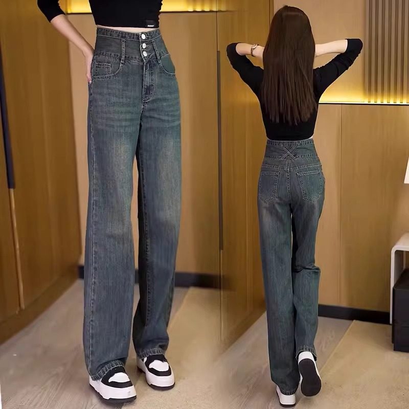 高腰牛仔阔腿裤女2025春秋季新款设计感百搭宽松显瘦窄版直筒裤子