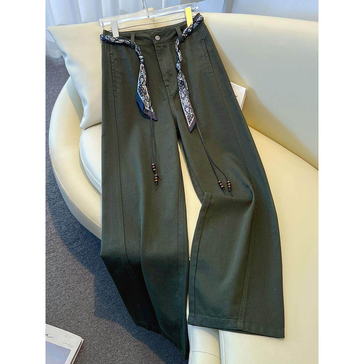 拉夏贝尔复古军绿色阔腿牛仔裤女秋季2026新款高腰显瘦拖地直筒裤