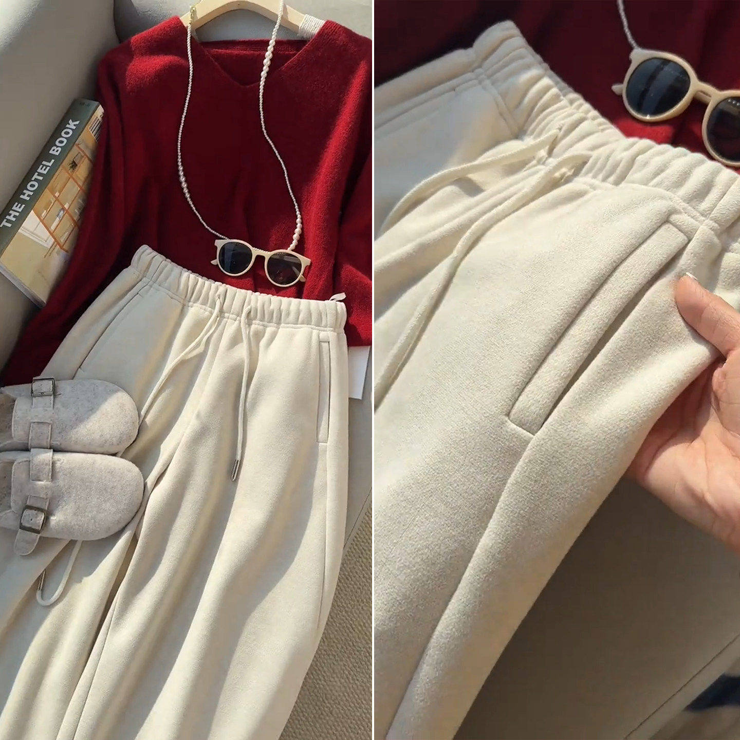 拉夏贝尔羊毛阔腿裤女冬加绒卫裤超好看2025款休闲裤宽松弯刀裤子,女装/女士精品,休闲裤,淘宝优惠券,粉丝福利购,淘宝优惠卷