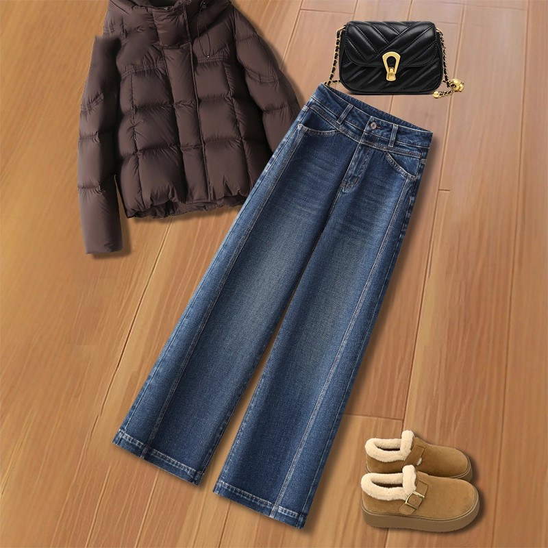 拉夏贝尔加厚加绒蓝色阔腿牛仔裤女秋冬2025新款小个子九分直筒裤,女装/女士精品,大码裤装,淘宝优惠券,粉丝福利购,淘宝优惠卷
