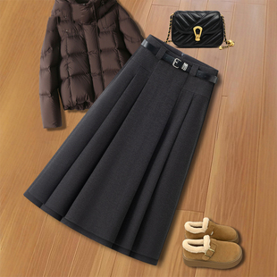 拉夏贝尔灰色毛呢半身裙女秋冬季2025新款小个子高腰百褶a字伞裙
