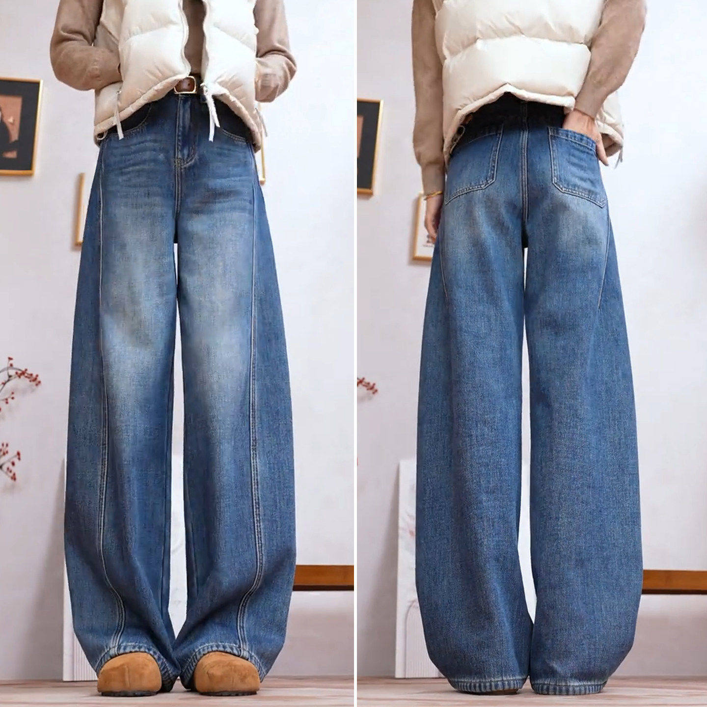 拉夏贝尔大码牛仔裤加绒裤子梨型身材粗腿2025新款女士弯刀阔腿裤,女装/女士精品,大码裤装,淘宝优惠券,粉丝福利购,淘宝优惠卷