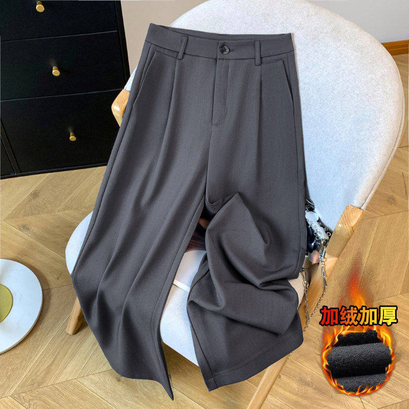 拉夏贝尔高级感灰色加绒裤子女秋冬季2025款直筒小个子西装阔腿裤,女装/女士精品,大码裤装,淘宝优惠券,粉丝福利购,淘宝优惠卷