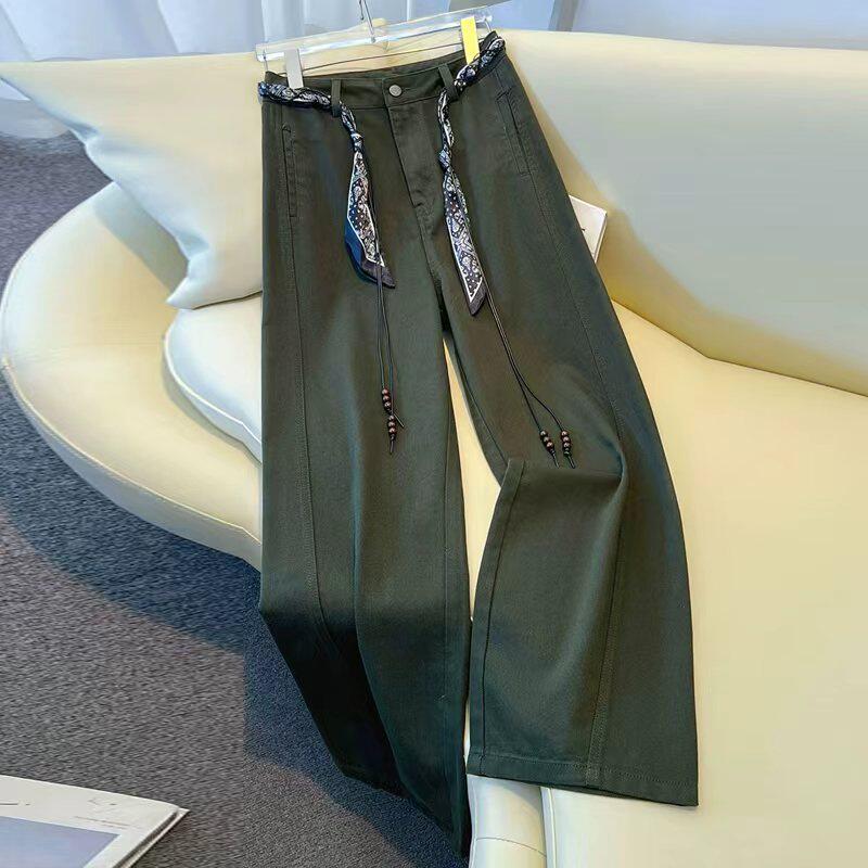 拉夏贝尔复古军绿色阔腿牛仔裤女秋季2026新款高腰显瘦拖地直筒裤