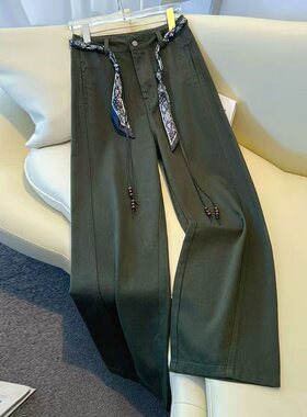 拉夏贝尔复古军绿色阔腿牛仔裤女秋季2026新款高腰显瘦拖地直筒裤