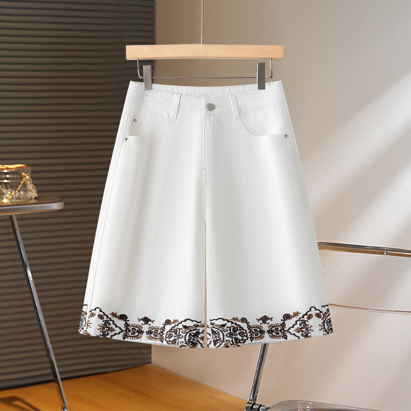 拉夏贝尔国风牛仔短裤女2025夏季新款宽松刺绣小个子五分直筒裤子,女装/女士精品,牛仔裤,淘宝优惠券,粉丝福利购,淘宝优惠卷