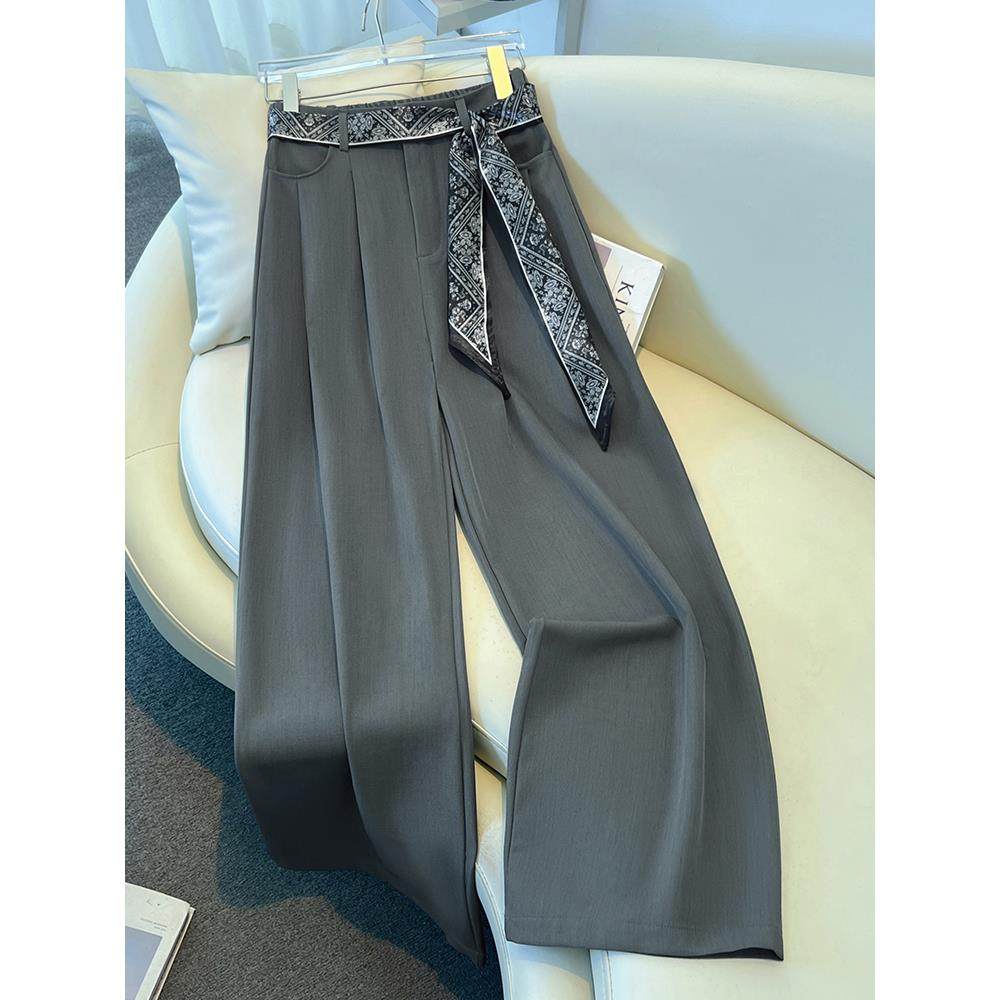 拉夏贝尔灰色西装阔腿裤女2026秋季新款垂坠感高腰显瘦休闲直筒裤