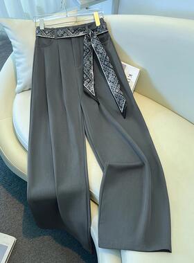 拉夏贝尔灰色西装阔腿裤女2026秋季新款垂坠感高腰显瘦休闲直筒裤