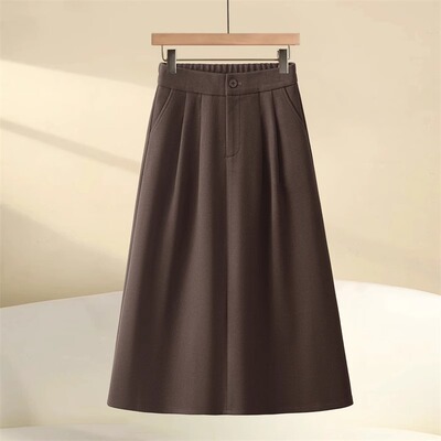拉夏贝尔半身裙女秋冬季2025新款显瘦垂感中长伞裙咖色毛呢百褶裙