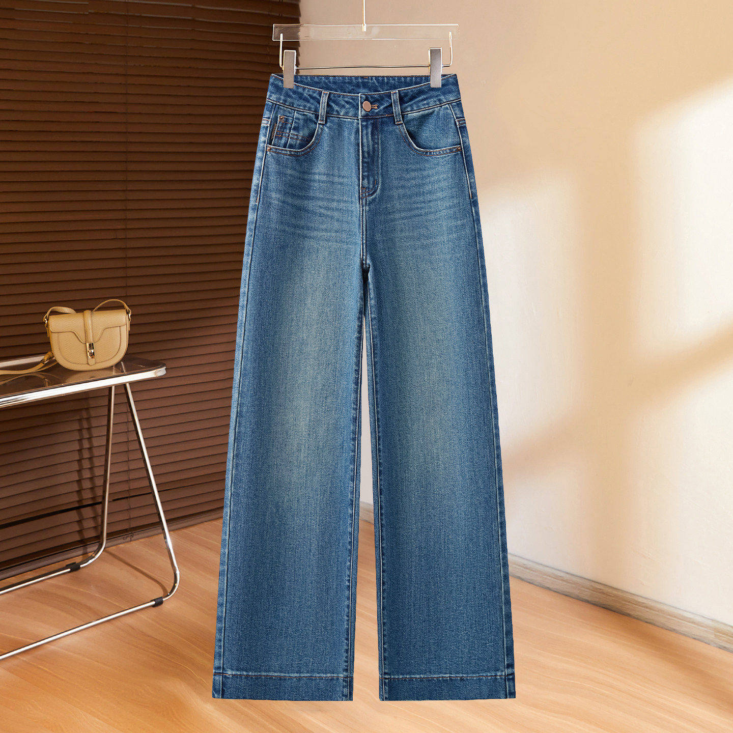 拉夏贝尔蓝色牛仔宽裤女士2026年春秋季新款今年爆款加绒直筒裤子,女装/女士精品,大码裤装,淘宝优惠券,粉丝福利购,淘宝优惠卷
