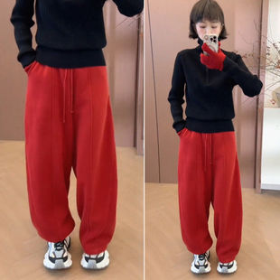 拉夏贝尔弯刀裤女冬季加绒裤子冬装女裤2025款休闲运动裤直筒卫裤