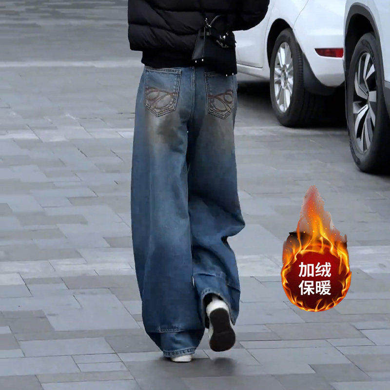 拉夏贝尔复古做旧牛仔阔腿裤女2025冬季新款宽松加绒高腰弯刀裤子,女装/女士精品,牛仔裤,淘宝优惠券,粉丝福利购,淘宝优惠卷