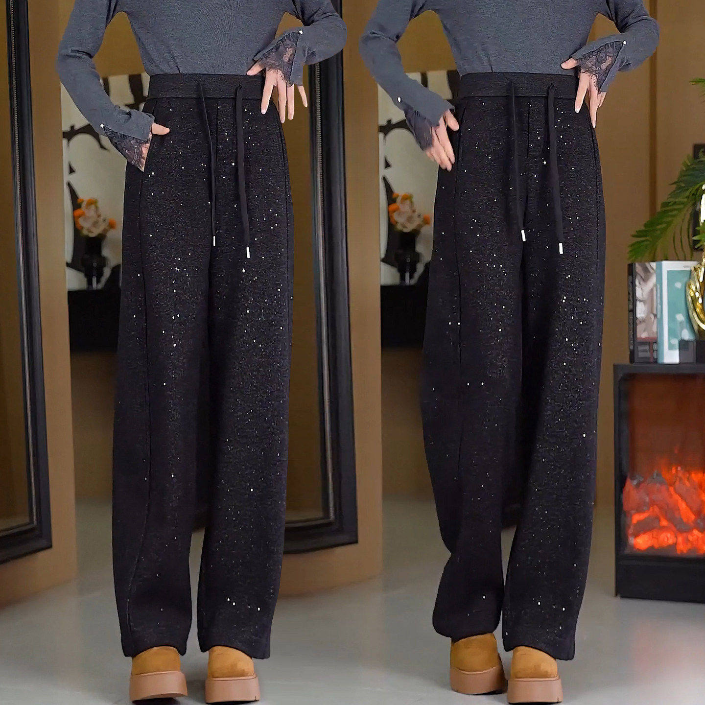 拉夏贝尔加绒加厚羊毛呢弯刀裤女秋冬季2025新款休闲直筒阔腿裤子,女装/女士精品,大码裤装,淘宝优惠券,粉丝福利购,淘宝优惠卷