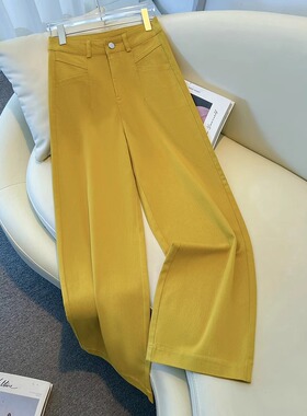 拉夏贝尔黄色阔腿裤女夏季2026新款高腰显瘦小个子垂感休闲直筒裤