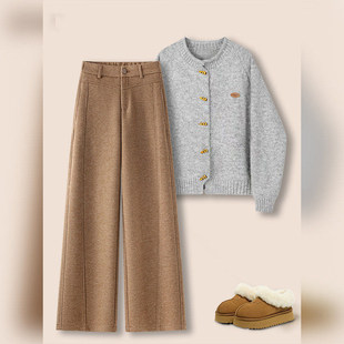 拉夏贝尔驼色羊毛阔腿裤女冬季2025新款今年流行超火毛呢直筒裤子