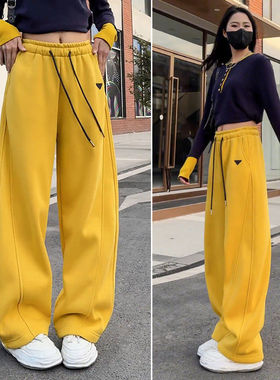 拉夏贝尔黄色阔腿香蕉裤女2025春季新款高腰直筒弯刀裤运动卫裤子
