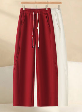 拉夏贝尔红色弯刀裤女士2026春秋季新款加绒宽松休闲直筒运动裤子