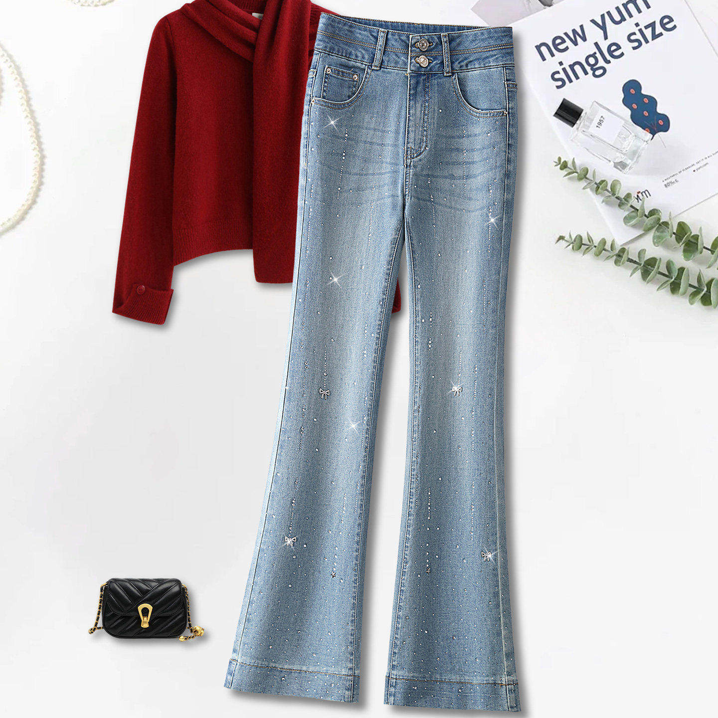 拉夏贝尔早春微喇牛仔裤女2026爆款双排扣超高腰设计感窄版鱼尾裤,女装/女士精品,牛仔裤,淘宝优惠券,粉丝福利购,淘宝优惠卷