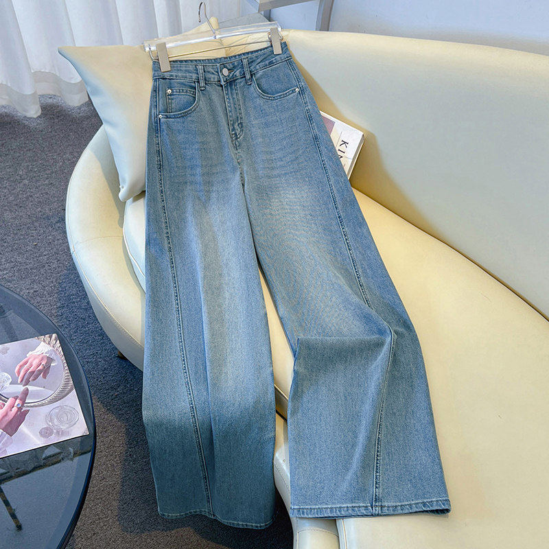 拉夏贝尔蓝色直筒牛仔裤女春秋2026新款高腰显瘦垂坠感九分阔腿裤,女装/女士精品,牛仔裤,淘宝优惠券,粉丝福利购,淘宝优惠卷