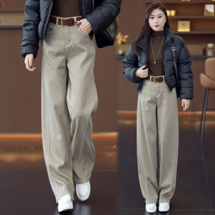 加绒阔腿香蕉裤 拉夏贝尔奶茶色弯刀牛仔裤 休闲裤 2026新款 女秋冬季