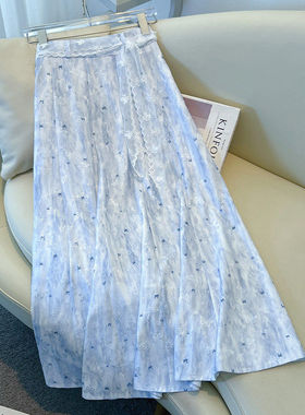 拉夏贝尔蓝色碎花半身裙女春夏季2026新款今年流行爆款垂坠感长裙