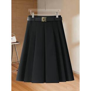 拉夏贝尔黑色百褶裙女2026新款 超好看中长裙小个子a字半身裙子 季