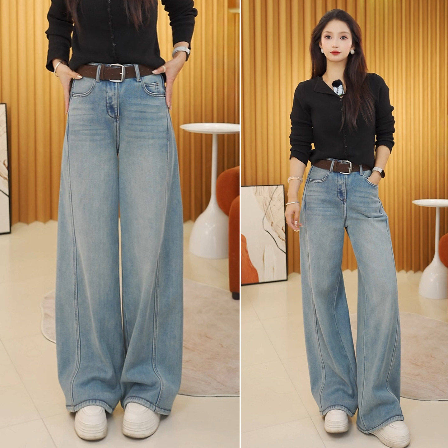拉夏贝尔牛仔裤加绒裤子女冬季浅色长裤2025新款高腰宽松阔腿裤子,女装/女士精品,大码裤装,淘宝优惠券,粉丝福利购,淘宝优惠卷