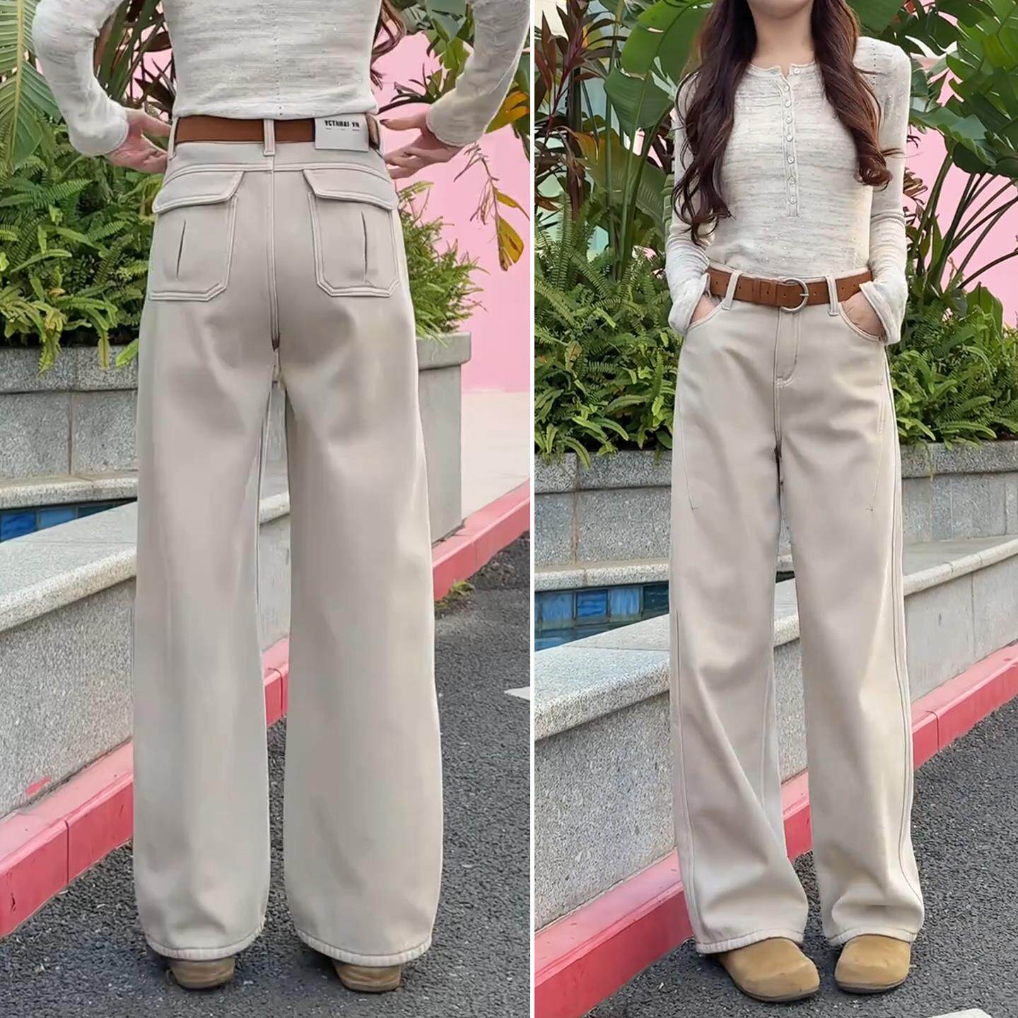 拉夏贝尔加绒复古弯刀牛仔裤女2025冬季新款镰刀休闲直筒阔腿裤子,女装/女士精品,大码裤装,淘宝优惠券,粉丝福利购,淘宝优惠卷