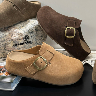 5CM增高包头磨砂牛皮勃肯拖鞋 百搭透气休闲包头半拖女 女2025新款