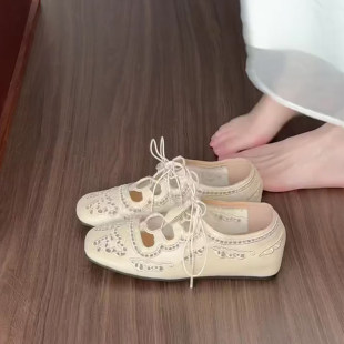 羊皮版~法式雕花镂空系带方头玛丽珍鞋内增高单鞋百搭通勤乐福鞋