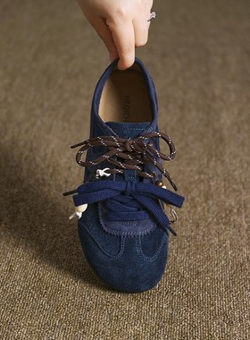 何其丑磨砂牛皮蓝色德训鞋女时尚休闲鞋2025新款秋季真皮女鞋单鞋