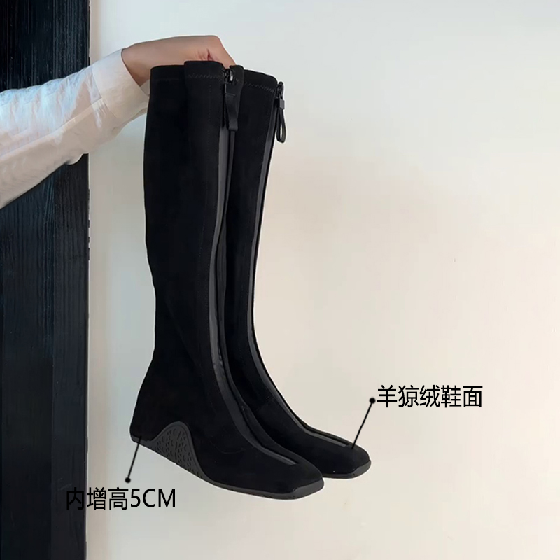 羊皮版秋冬新款机能风运动底前拉链显瘦弹力瘦瘦长靴高筒靴长筒靴