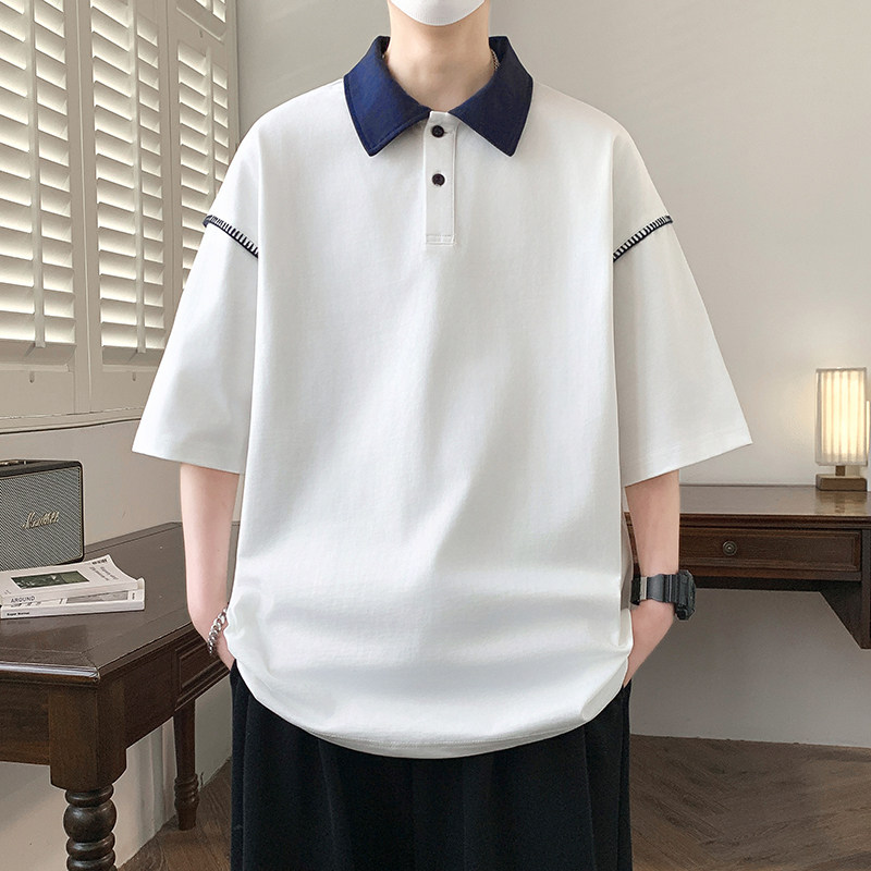 翻领短袖T恤男生夏季青少年宽松半袖polo衫初中高中学生帅气上衣