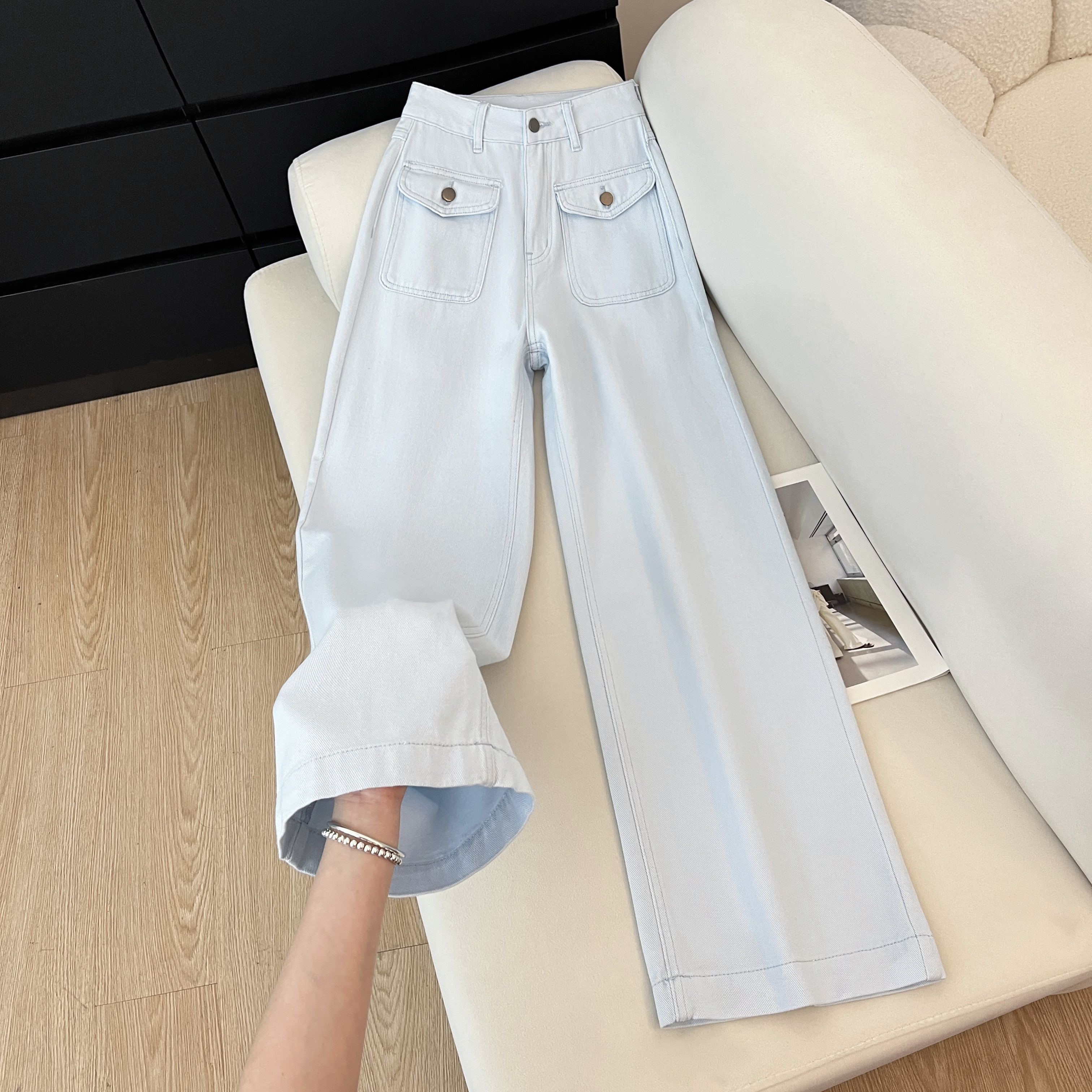 艾格蔚蓝色阔腿牛仔裤女2026年春季宽松高腰阔腿翻盖口袋拖地裤,女装/女士精品,牛仔裤,淘宝优惠券,粉丝福利购,淘宝优惠卷